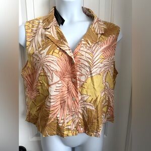 NWT Tahari 100% Linen Tropical Sleeveless Button Down Blouse, Yellow, Peach, XL